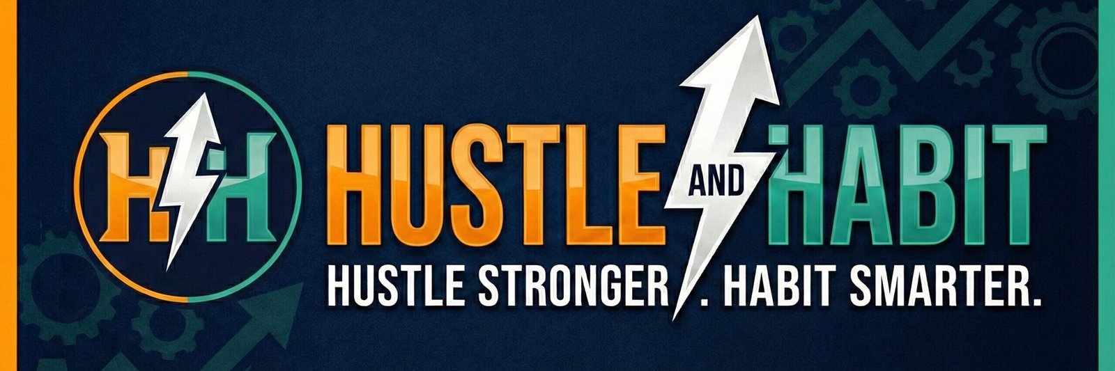 Hustle and Habit banner logo alternative version with HH monogram, brand name in amber and teal, and Hustle Stronger Habit Smarter tagline